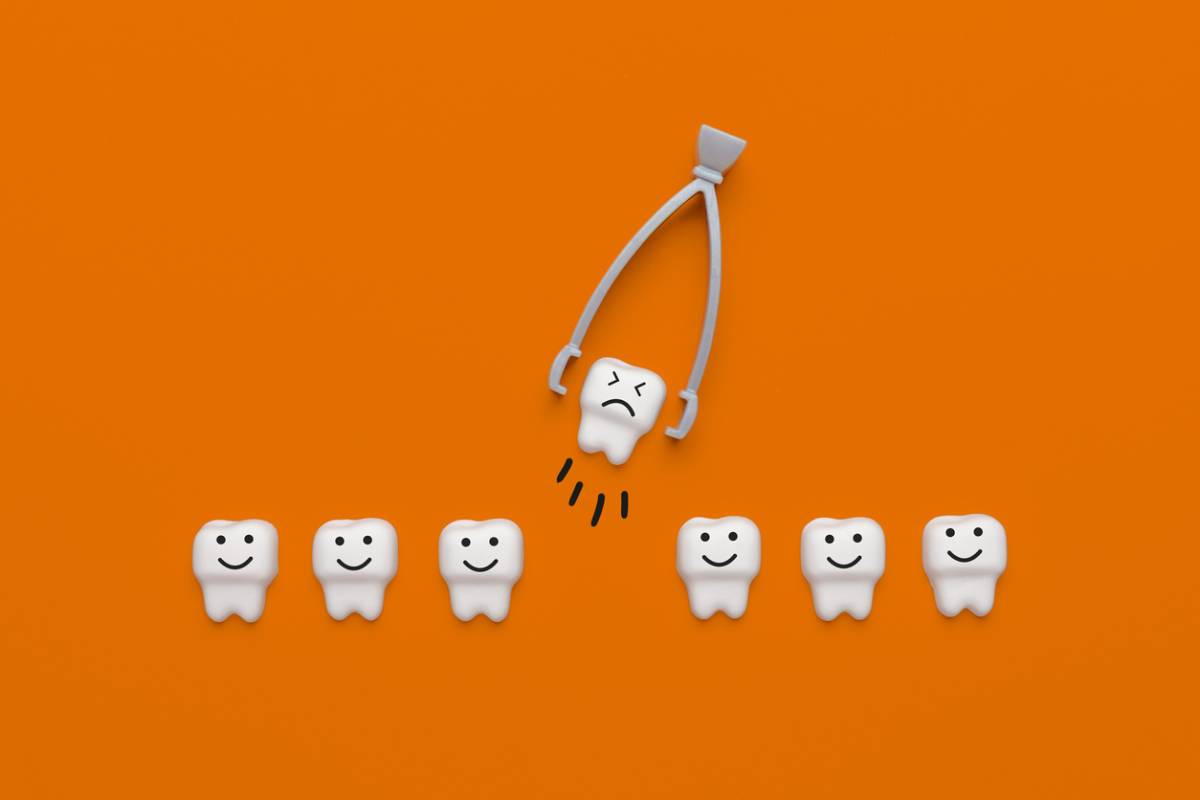 cartoon of teeth with one being extracted out by pliers in orange background